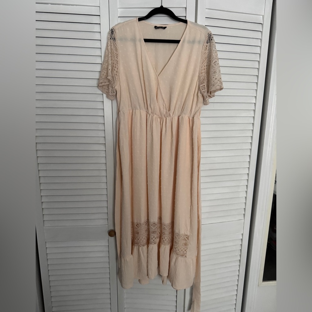 BloomChic Solid Wrap Pocket Belted Contrast Lace Ruffle Trim Maxi Dress
